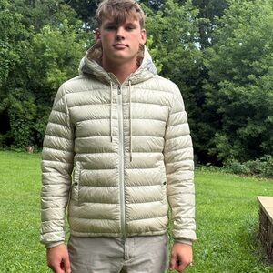 Moncler Beige Hooded Jacket with Gray and White Accents